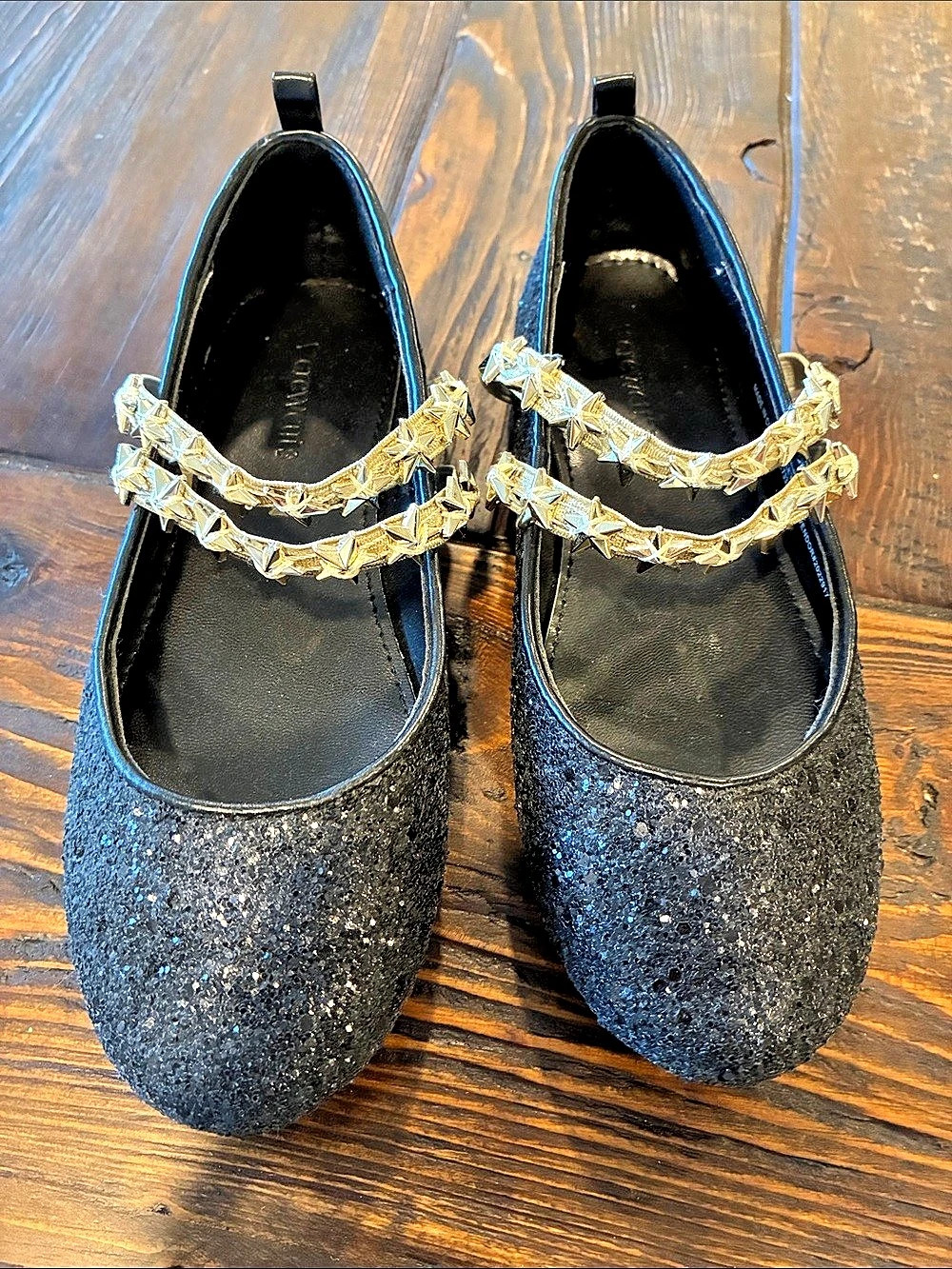 Crewcuts Girls' glitter ballet flats with star straps Black Glitter Embellished